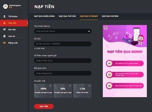 Các bước tiến hành nạp tiền vào Dabet qua MoMo