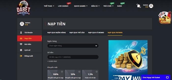 Các bước nạp tiền vào Dabet qua Paywin mang lại hiệu quả cao